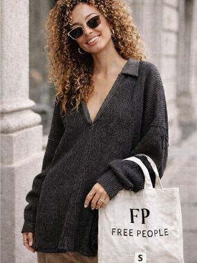 Free People Oversized Charcoal Collared V-Neck Knit Pullover